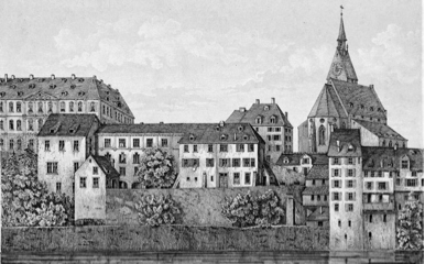 Das alte Kollegiengebäude am Rheinsprung. Hauptsitz der Basler Universität 1460―1939. Lithografie um 1855.#Staatsarchiv Basel-Stadt. Bild Wack D 17.
