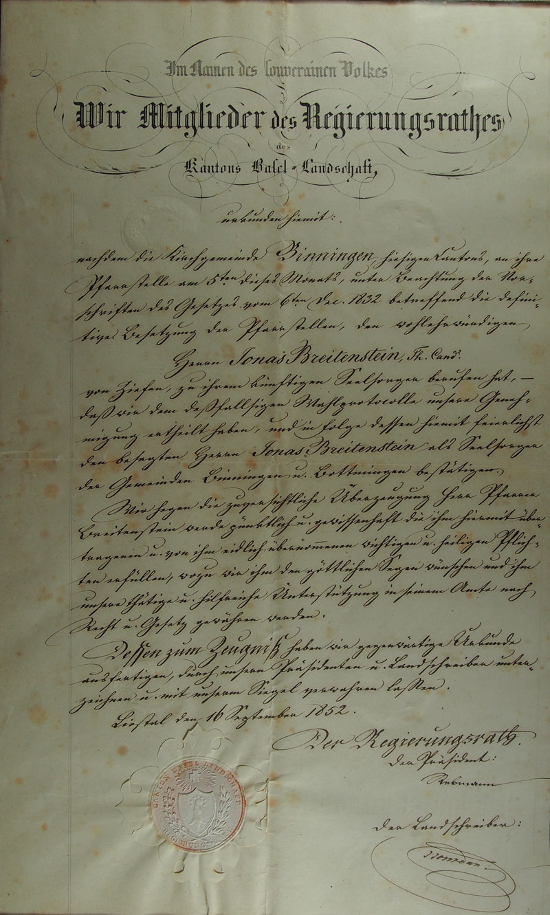 Bestätigung der Pfarrwahl in Binningen durch den Regierungsrat Baselland, 16. September 1852.#Nachlass im Dichter- und Stadtmuseum Liestal.