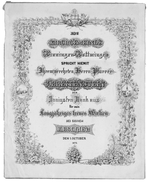 Abschiedsurkunde der evangelisch reformierten Kirchgemeinde Bottmingen, 1. Oktober 1870.#Nachlass Dichter- und Stadtmuseum Liestal.